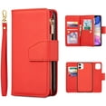 thumbnail image 1 of Case for iPhone 12 Pro Max 6.7 inch, Glossy PU Leather 9 Card Slots Magnetic Closure Detachable Wrist Strap Zipper Wallet Shockproof Removable Back Cover Case - Red, 1 of 15