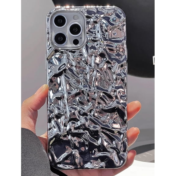 Case for iPhone 12 Pro Max 6.7 inch, Luxury Bling Glitter Tin Foil 3D Pleats Design Phone Case Soft TPU Electroplated Sparkly Protective Slim Fit Shockproof Phone Bumper Cover - Silver