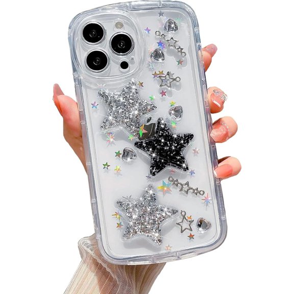 Case for iPhone 12 Pro Max, Bling Glitter 3D Stars Cute Heart Design Phone Case Luxury Sparkling Crystal Clear Back Slim Soft Shockproof Protective TPU Bumper Cover for Women Girls - Clear