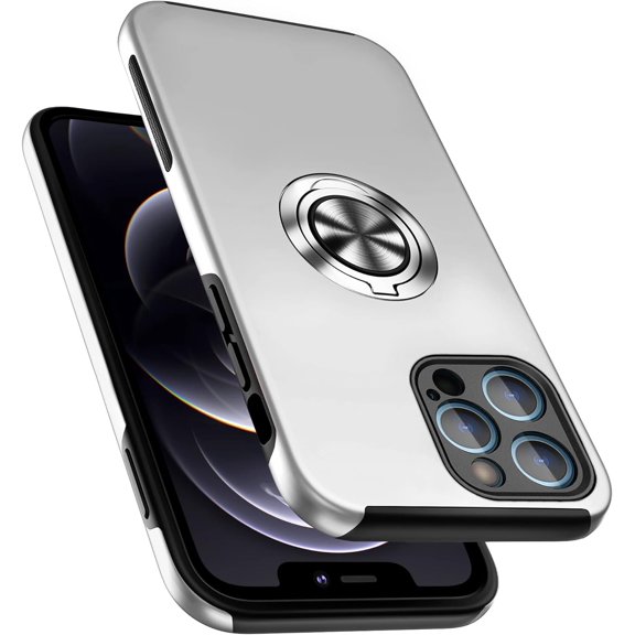 Case for iPhone 12 Pro Max, [Built-in Camera Cover] Military Shockproof Phone Case Cover with Embedded Metal Ring Stand Kickstand [Support Magnetic Car Holder] for iPhone 12 6.7'', Silver