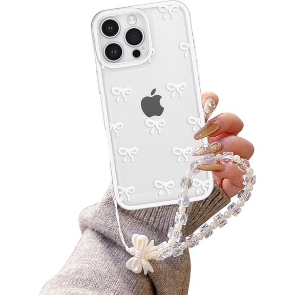 Case for iPhone 12 Pro Max, Clear Cute Ribbon Bowknot Aesthetic Phone Case with Charm Bracelet Chain Raised Camera Protection Stylish Soft Durable TPU Protective Cover for Women Girls - White