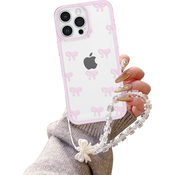 Case for iPhone 12 Pro Max, Clear Cute Ribbon Bowknot Aesthetic Phone Case with Charm Bracelet Chain Raised Camera Protection Stylish Soft Durable TPU Protective Cover for Women Girls - Pink