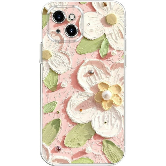 Case for iPhone 12 Pro Max, Colorful Oil Painting Flowers Leaves Pattern Cute Exquisite Floral Blossom Phone Cover Stylish Durable Soft TPU Protective Bumper Case for Girls Women - Pink Green