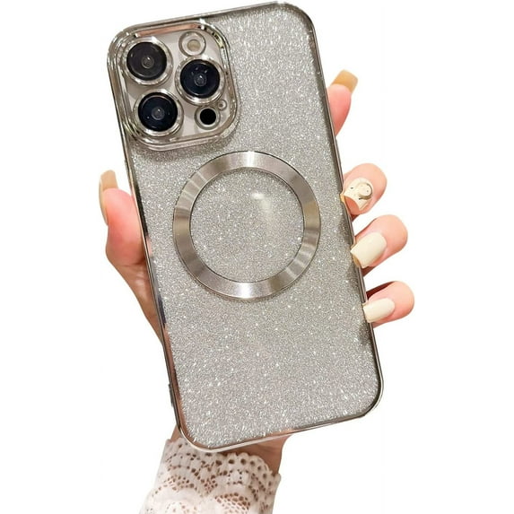 Case for iPhone 12 Pro Max Compatible with MagSafe,Bling Luxury Glitter for iPhone 12 Pro Max Case Magnetic with Camera Protector Shockproof Women 6.7''-Silver