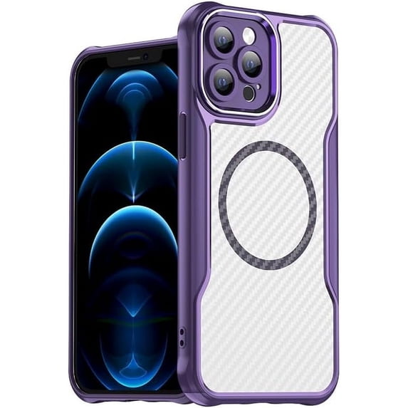 Case for iPhone 12 Pro Max,Full-Body Rugged Carbon Fibre Protective Clear Back Hybrid Magnetic with Wireless Charge Shockproof Protector Phone Case for iPhone 12 Pro Max,6.7 inch 2020 (Purple)