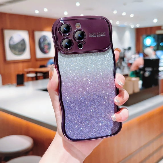 Case for iPhone 12 Pro Max with Full Camera Lens Protector, Clear Gradient Glitter Sparkle Luxury Electroplated Wave Edge TPU Bumper Non-Yellowing Shockproof Cover for iPhone 12 Pro Max, Darkpurple
