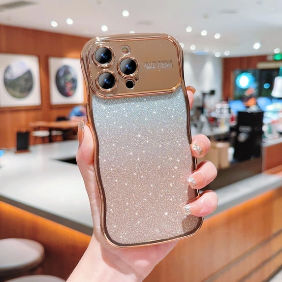 Case for iPhone 12 Pro Max with Full Camera Lens Protector, Clear Gradient Glitter Sparkle Luxury Electroplated Wave Edge TPU Bumper Non-Yellowing Shockproof Slim Cover for iPhone 12 Pro Max, Gold