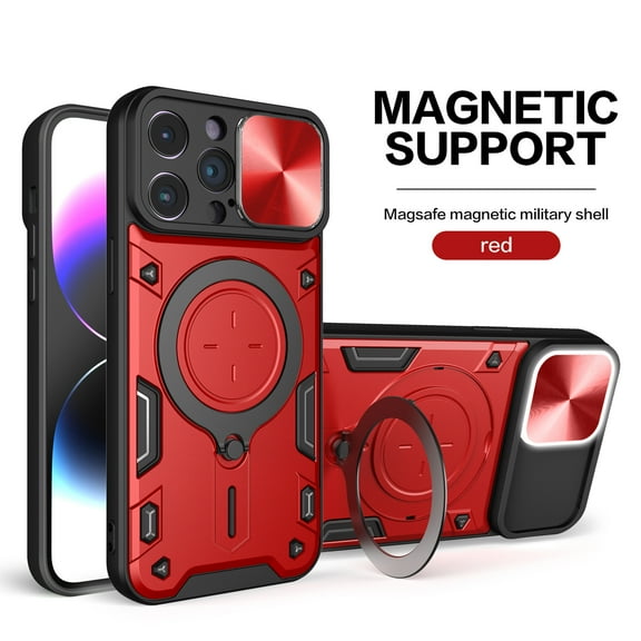 Case for iPhone 12 Pro Max, [Magnetic Car Mount] Hidden 360°Rotation Ring Kickstand & Camera Lens Sliding Cover Hybird Heavy Duty Shockproof Rugged Protective Shell for iPhone 12 Pro Max - Red