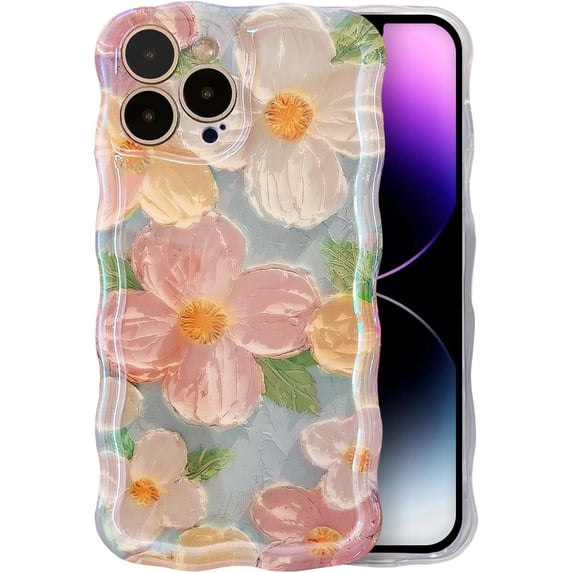Case for iPhone 12 Pro Max - Vivid Retro Oil Painting, Flower Laser Glossy Pattern, Cute Curly Wave Edge - Exquisite Stylish Durable TPU Protective Phone Cover for Girls and Women (Green)