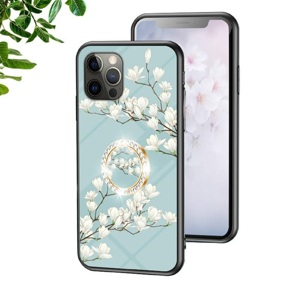 Case for iPhone 12 Pro, Slim Glass Case with Soft TPU Shockproof Ring Stand Flower Pattern Design Stylish Protective Cover for iPhone 12 Pro 6.1-Inch,Gardenias