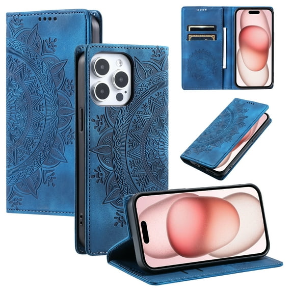 Case for iPhone 12 Pro / iPhone 12 6.1" Wallet Case for Women Girls with Card Holder, Embossed Flower Pattern Magnetic Flip PU Leather Purse Protective Phone Cover, Blue