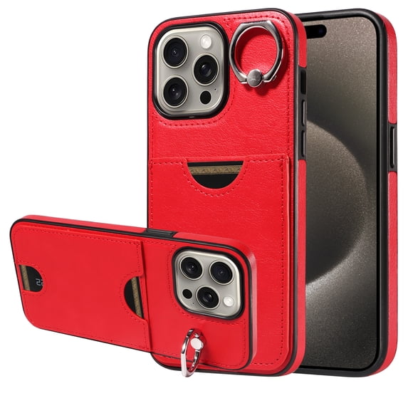 Case for iPhone 12 Pro / iPhone 12 6.1" Wallet with Credit Card Holder & Finger Ring Kickstand, Premium PU Leather Slim Cover Shockproof Scratch Resistant Case for iPhone 12 Pro / iPhone 12, Red