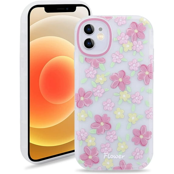 Case for iPhone 12, Translucent Matte Soft TPU Bumper Case for iPhone 12 (6.1 inch), Cute Print Pattern Design Women Girls Protective Phone Cover, Pink Flower