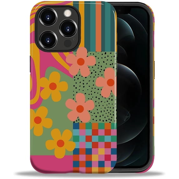 Case for iPhone 12 iPhone 12 Pro, Retro Colorful Geometric Flower Vintage C Design Hybrid Dual Protection Soft TPU Hard PC Shockproof Anti-Scratch Cover Men Women Stylish Protective Phone Case