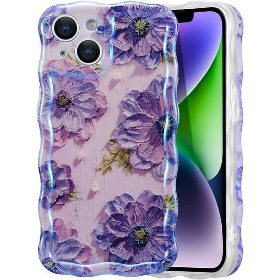 Case for iPhone 13/13pro/max, Colorful Retro Oil Painting Printed Flower Laser Beam Glossy Pattern Cute Curly Waves Border Exquisite Phone Cover Stylish Durable TPU Protective Case for Girls Women