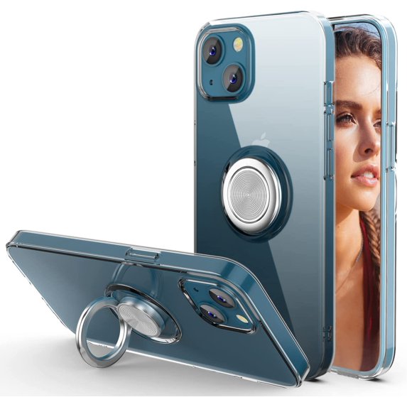 Case for iPhone 13/14, Clear Body Soft TPU Shockproof Case with 360 Degree Rotation Ring Kickstand(Work with Magnetic Car Mount) for iPhone 13/14 6.1 inch, Clear