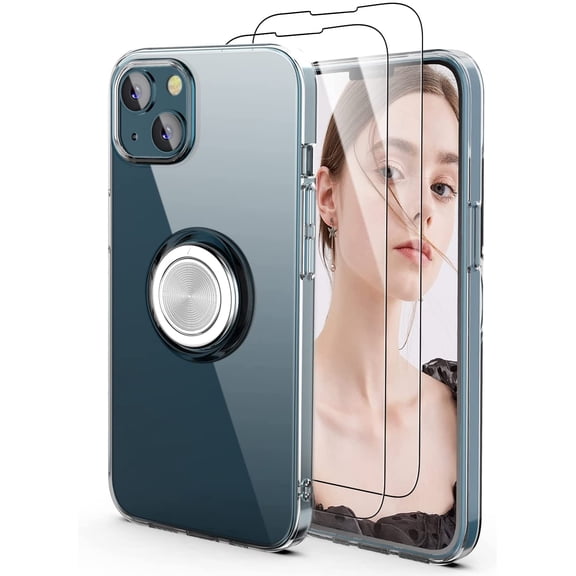 Case for iPhone 13/14, Clear Body Soft TPU Shockproof Case with 360 Degree Rotation Ring Kickstand for iPhone 13/14 6.1 inch with 2 Glass Screen Protectors, Clear