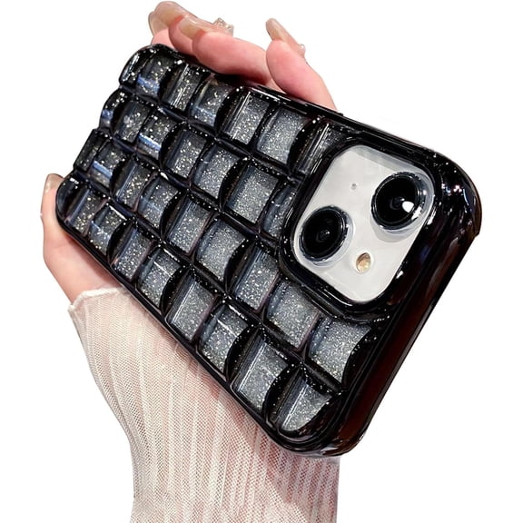 Case for iPhone 13/14 Glitter Phone Case 3D Wave Lattice Luxury Plating Aesthetic Cute Gradient Twinkle Bling Sparkly Cellphone Case Design for iPhone 13/14 Women Girl Men 6.1'' Black