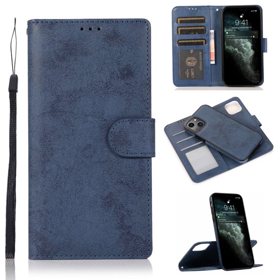 Case for iPhone 13 2021, 2-in-1 Magnetic Detachable Wallet Folio Vegan PU Leather Protective Card/Cash Slot Folding Stand Cover with Hand Rope for iPhone 13 5G 6.1" 2021, Darkblue