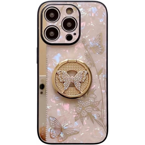 Case for iPhone 13,3D Butterfly Flower Kickstand Bling Glitter Diamond Marble Ring Stand Shockproof Women Girls Rhinestone Phone Case for iPhone 13,6.1 inch 2021 (DLH Gold)