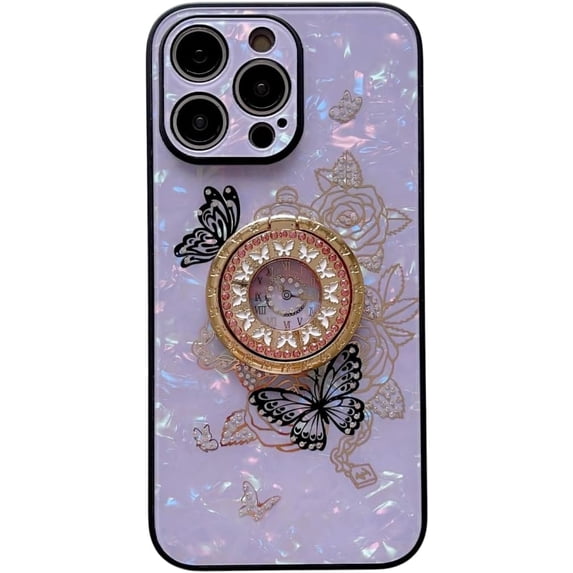 Case for iPhone 13,3D Butterfly Flower Kickstand Bling Glitter Diamond Marble Ring Stand Shockproof Women Girls Rhinestone Phone Case for iPhone 13,6.1 inch 2021 (Flower Purple)