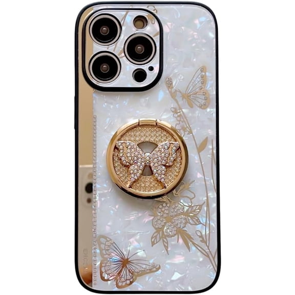 Case for iPhone 13,3D Butterfly Flower Kickstand Bling Glitter Diamond Marble Ring Stand Shockproof Women Girls Rhinestone Phone Case for iPhone 13,6.1 inch 2021 (DLH White)