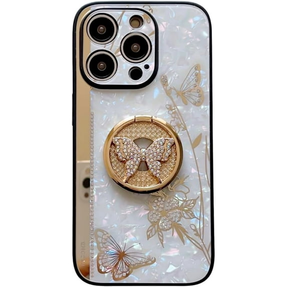 Case for iPhone 13,3D Butterfly Flower Kickstand Bling Glitter Diamond Marble Ring Stand Shockproof Women Girls Rhinestone Phone Case for iPhone 13,6.1 inch 2021 (DLH White)