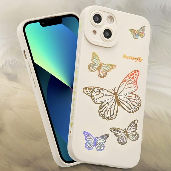 Case for iPhone 13 6.1 inch, Glitter Cute Iridescent Butterfly Pattern Sparkly Bling Laser Case Soft TPU Bumper Slim Protective Women Girls Phone Cover - White