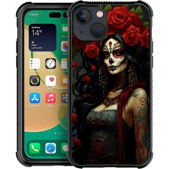 Case for iPhone 13 Case, Day of The Dead Halloween Woman Pattern Graphic Design Girl Boy Soft Silicone Hard Acrylic Shock Protection Case for iPhone 13