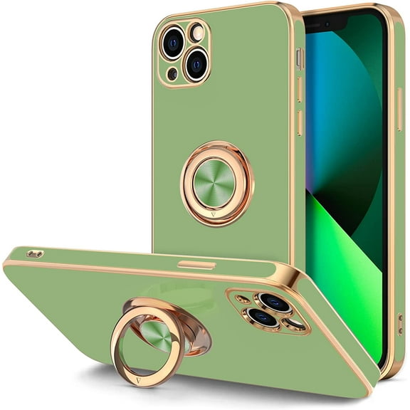 Case for iPhone 13 Case with Ring Stand [360°Rotatable Ring Holder Magnetic Kickstand] [Plated Rose Gold Edge] Slim Soft TPU Cover Luxury Protective Phone Case for Women Men, Light Green