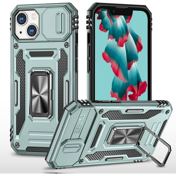 Case for iPhone 13 Case iPhone 14 Phone Case with Built-in 360°Rotate Stand Ring Magnetic Sliding Lens Protection Cover Case for iPhone 13/14(Alpine Green)
