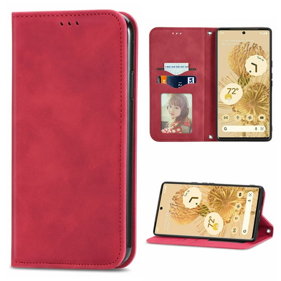 Case for iPhone 13, Classic Business Premium PU Leather Cover TPU Bumper with Card Holder Kickstand Magnetic Adsorption Flip Wallet Case Cover for iPhone 13, Red