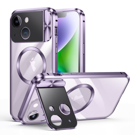 Case for iPhone 13 Clear Case with Lens Holder Stand, Magnetic Phone Case Compatible with MagSafe, Military-Grade Protection, Shockproof Armor Secure Lock Metal Bumper Case, Purple