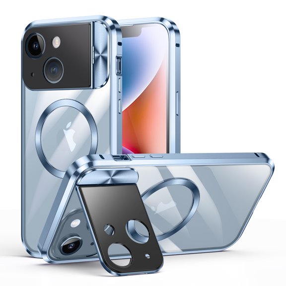 Case for iPhone 13 Clear Case with Lens Holder Stand, Magnetic Phone Case Compatible with MagSafe, Military-Grade Protection, Shockproof Armor Secure Lock Metal Bumper Case, Blue