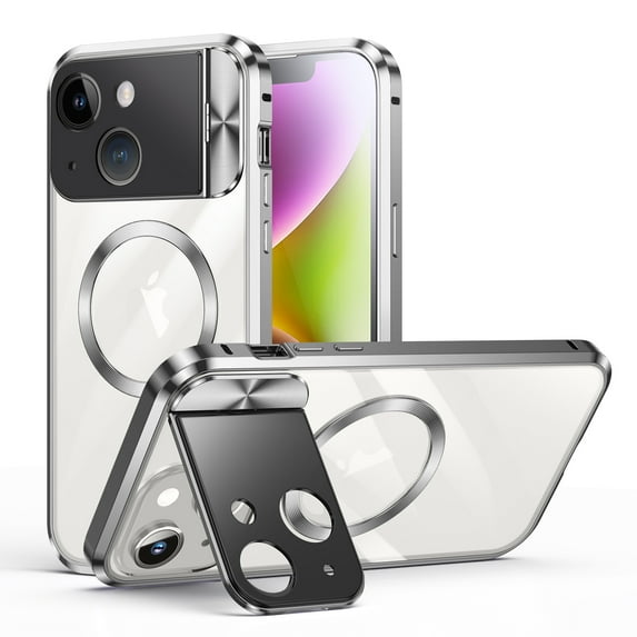 Case for iPhone 13 Clear Case with Lens Holder Stand, Magnetic Phone Case Compatible with MagSafe, Military-Grade Protection, Shockproof Armor Secure Lock Metal Bumper Case, Silver