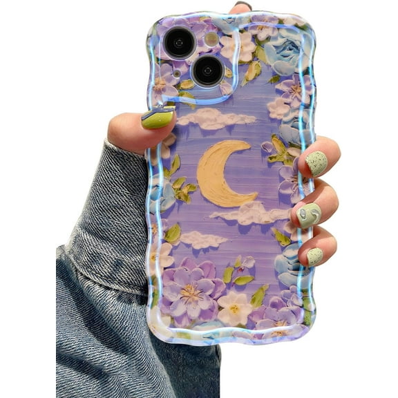 Case for iPhone 13, Colorful Retro Oil Painting Flower Moon Pattern Laser Cute Curly Wave Edge Exquisite Phone Cover Stylish Durable TPU Protective Case for Girls Women - Purple White