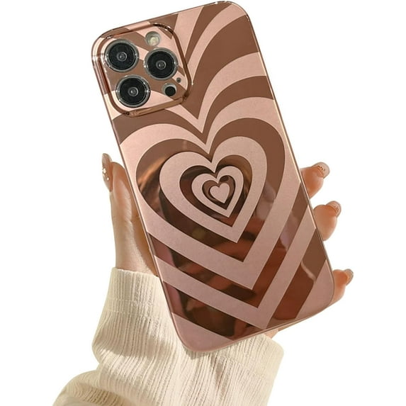 Case for iPhone 13, Cute Electroplated Multi-Layer Love Heart Pattern Latte Valentines Art Aesthetic Swirl Graphic Phone Case Slim Shockproof Hard PC Bumper Cover for Girls Women - Rose Gold