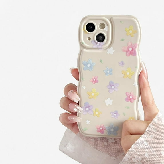 Case for iPhone 13,Cute Flower Floral Pattern Wave Design Curly Wavy Frame Case,Aesthetic Soft TPU Shockproof Case for iPhone 13 Phone Case 6.1 Inch,Beige/Pink&White Floral