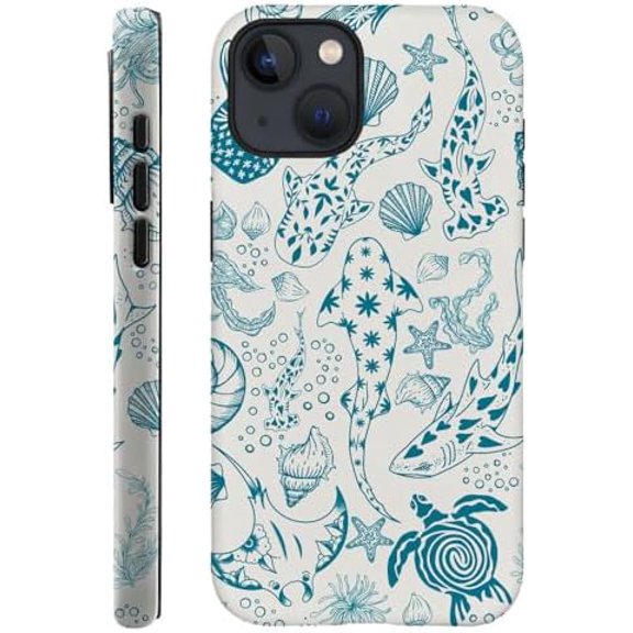 Case for iPhone 13, Fits Frosted Case Design for Girl Women, Sharks Turtles Shells Seaweed Green, Full Body Protective Cover, Shockproof, Slim Phone Case