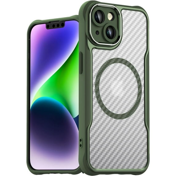 Case for iPhone 13,Full-Body Rugged Carbon Fibre Protective Clear Back Hybrid Magnetic with Wireless Charge Shockproof Protector Phone Case for iPhone 13,6.1 inch 2021 (Green)