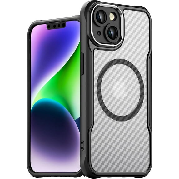 Case for iPhone 13,Full-Body Rugged Carbon Fibre Protective Clear Back Hybrid Magnetic with Wireless Charge Shockproof Protector Phone Case for iPhone 13,6.1 inch 2021 (Black)