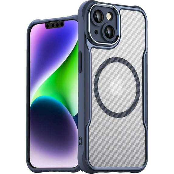 Case for iPhone 13,Full-Body Rugged Carbon Fibre Protective Clear Back Hybrid Magnetic with Wireless Charge Shockproof Protector Phone Case for iPhone 13,6.1 inch 2021 (Blue)