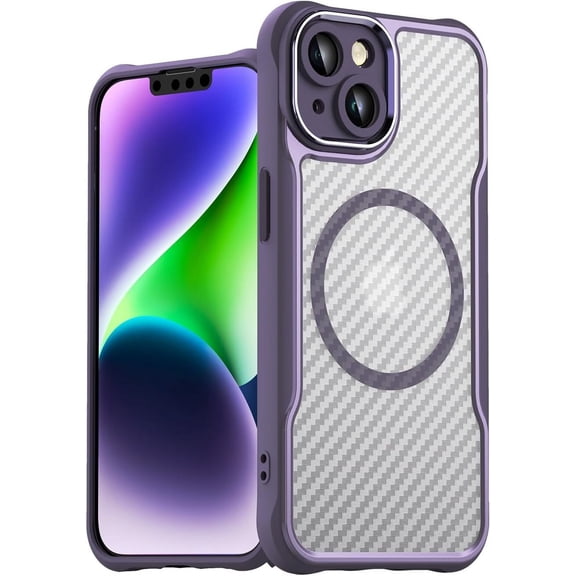 Case for iPhone 13,Full-Body Rugged Carbon Fibre Protective Clear Back Hybrid Magnetic with Wireless Charge Shockproof Protector Phone Case for iPhone 13,6.1 inch 2021 (Purple)