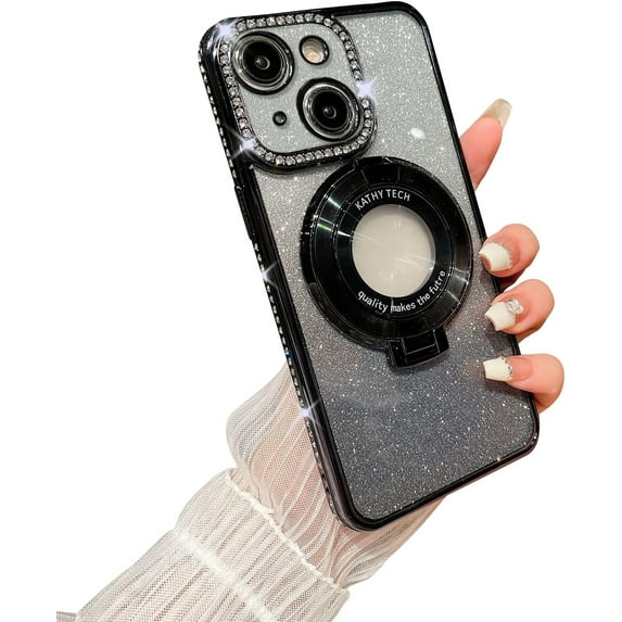 Case for iPhone 13 with Holder Stand,Rhinestones Glitter Plated Bling Luxury Phone Case(Compatible with MagSafe) Shockproof Kickstand Design for iPhone 13-Black