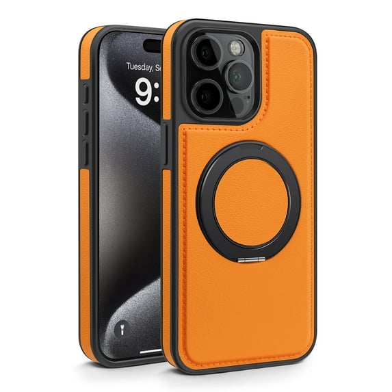 Case for iPhone 13 with Kickstand, Compatible with Mag-Safe, Luxury Classic PU Leather Magnetic Ring Holder Stand Shockproof Protection Phone Cover for iPhone 13, Orange