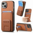 thumbnail image 1 of Case for iPhone 13 Mini with Hidden Kickstand, Carbon Fiber Texture Wallet Case with Card Holder for iPhone 13 Mini Magnetic Car Mount Shockproof Military Grade Protection Cover, Brown, 1 of 10
