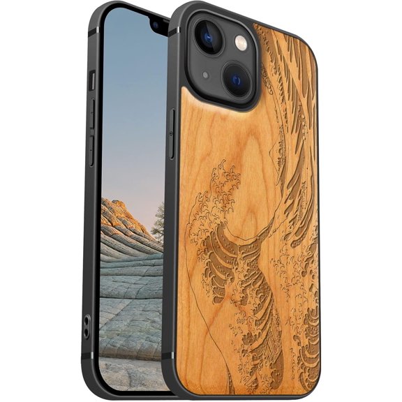 Case for iPhone 13 Mini - Natural & Soft TPU - Shockproof Protective Cover - Unique & Classy Case - Compatible with MagSafe - The Great Wave Off Kanagawa Cherry