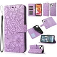 thumbnail image 1 of Case for iPhone 13 Mini, Premium Leather Magnetic Closure Slim Flip Wallet Phone Case with Card Holder Cash Slot Stand Function Embossed Flower Shockproof Lanyard Cover - Purple, 1 of 7