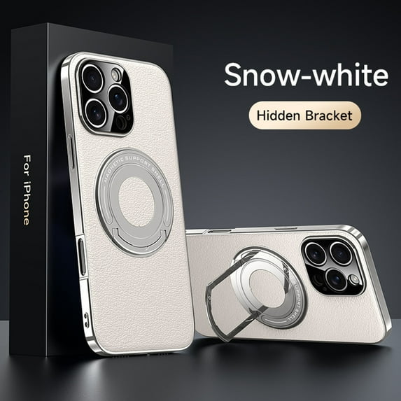 Case for iPhone 13, Premium PU Leather + Glossy PC Magnetic Kickstand Back Cover, Luxury Ultra Slim Lightweight Drop Protective Anti-Scratch Phone Case for iPhone 13, White