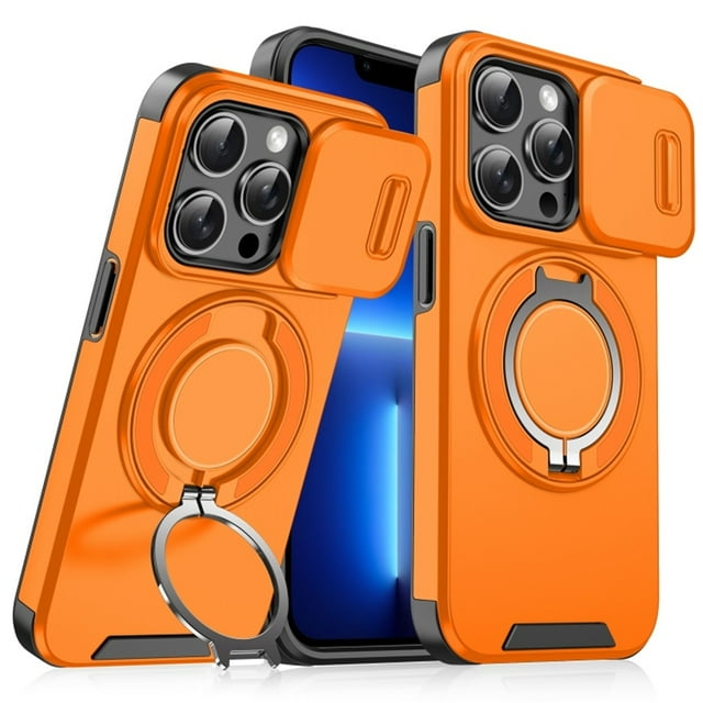 Case for iPhone 13 Pro 6.1-inch, Built In Slide Camera Cover & Rotatable Kickstand Sliding Ring Heavy Duty ShockProof Protective Case for iPhone 13 Pro,Orange,For iPhone 13 Pro